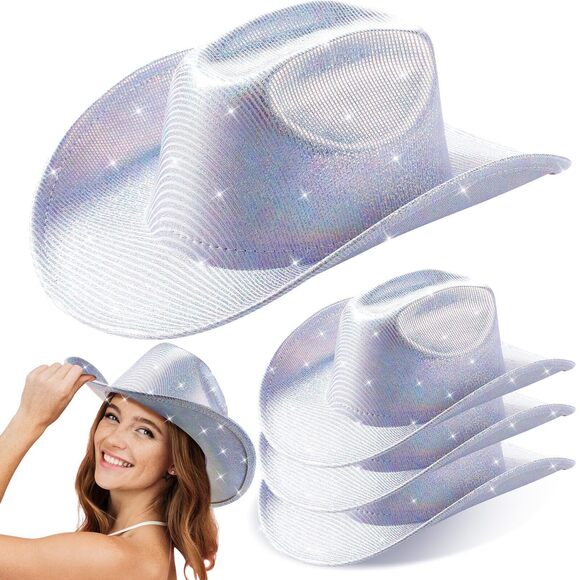 5712 4 Pcs Silver Space Holographic Cowboy Hat For Womens Glitter Western main image 4